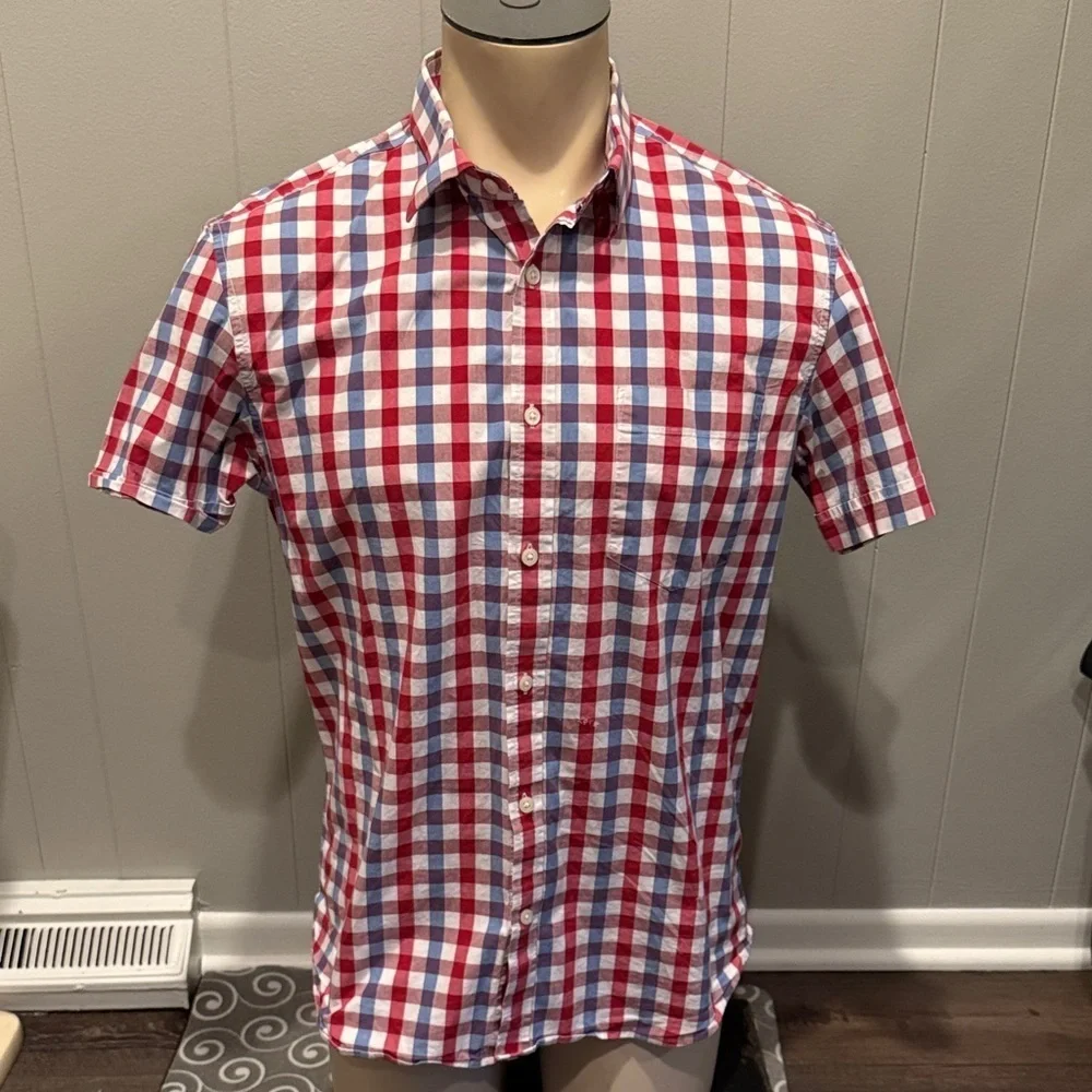 E Banana Republic Men’s Large Red Blue Checkered Shirt Preppy Business Casual